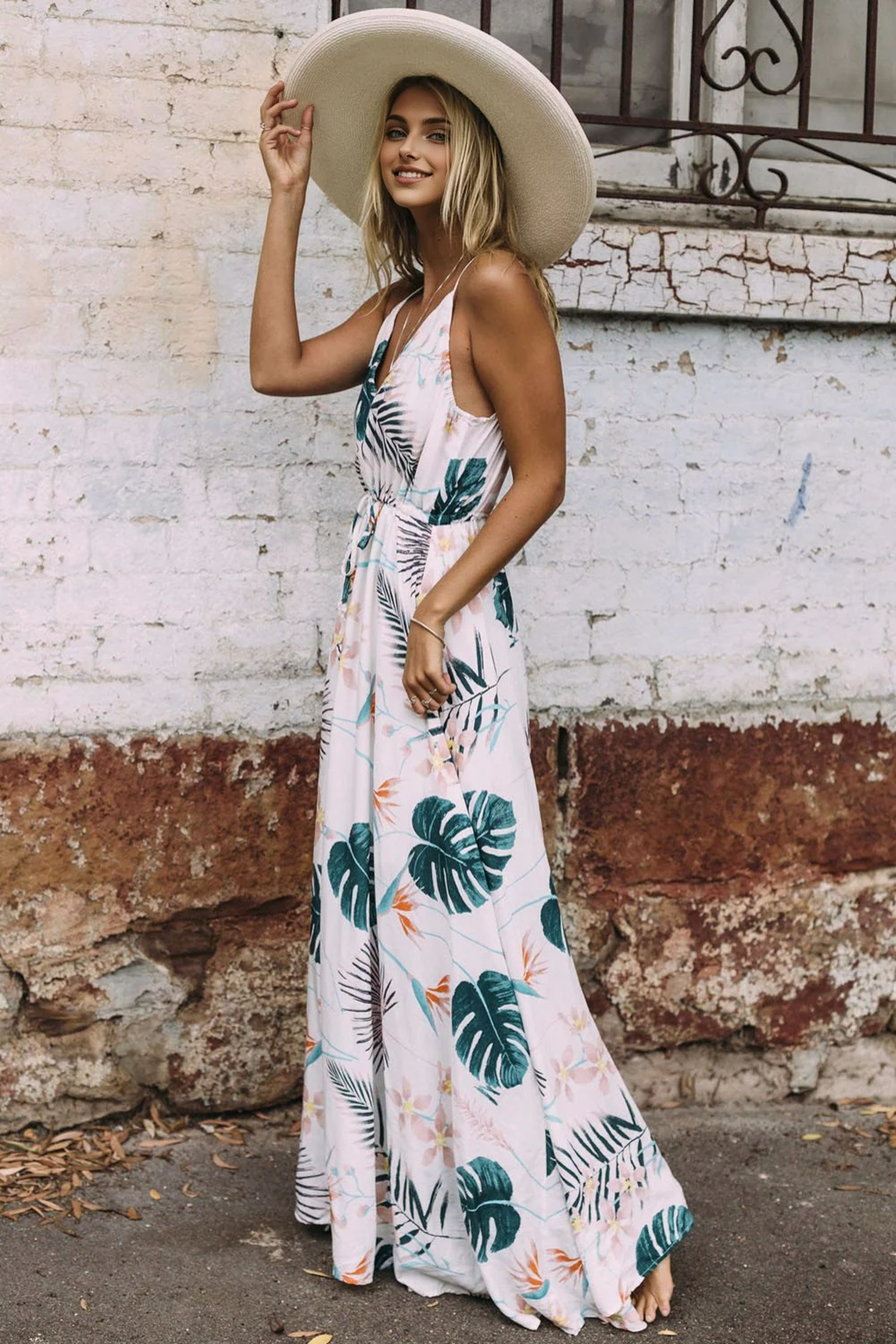 JuliaFashion-Dream Big Palm Leaf Print Plunging Neck Maxi Dress