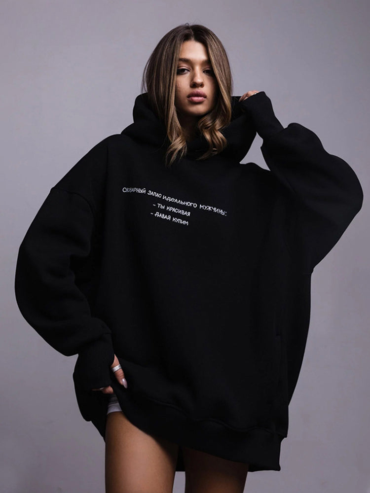 Letter Pink Oversized Hooded Casual Solid Sweatshirts Autumn Winter Ladies Loose Hoody