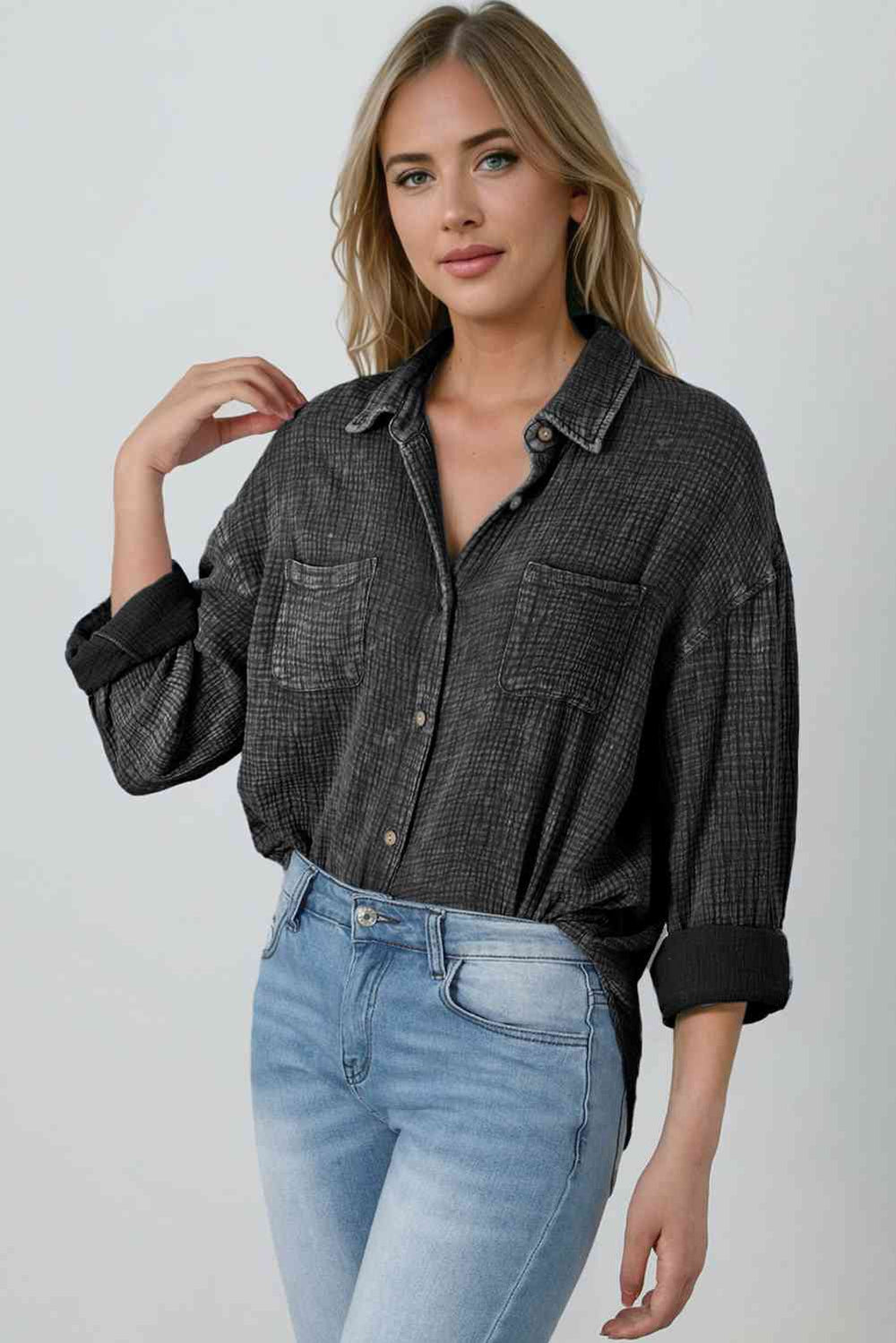 Blouse Textured With Buttons Clothes