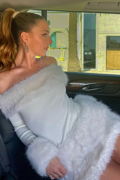 Faux Fur Trim Off-The-Shoulder Bodycon Mini Dress