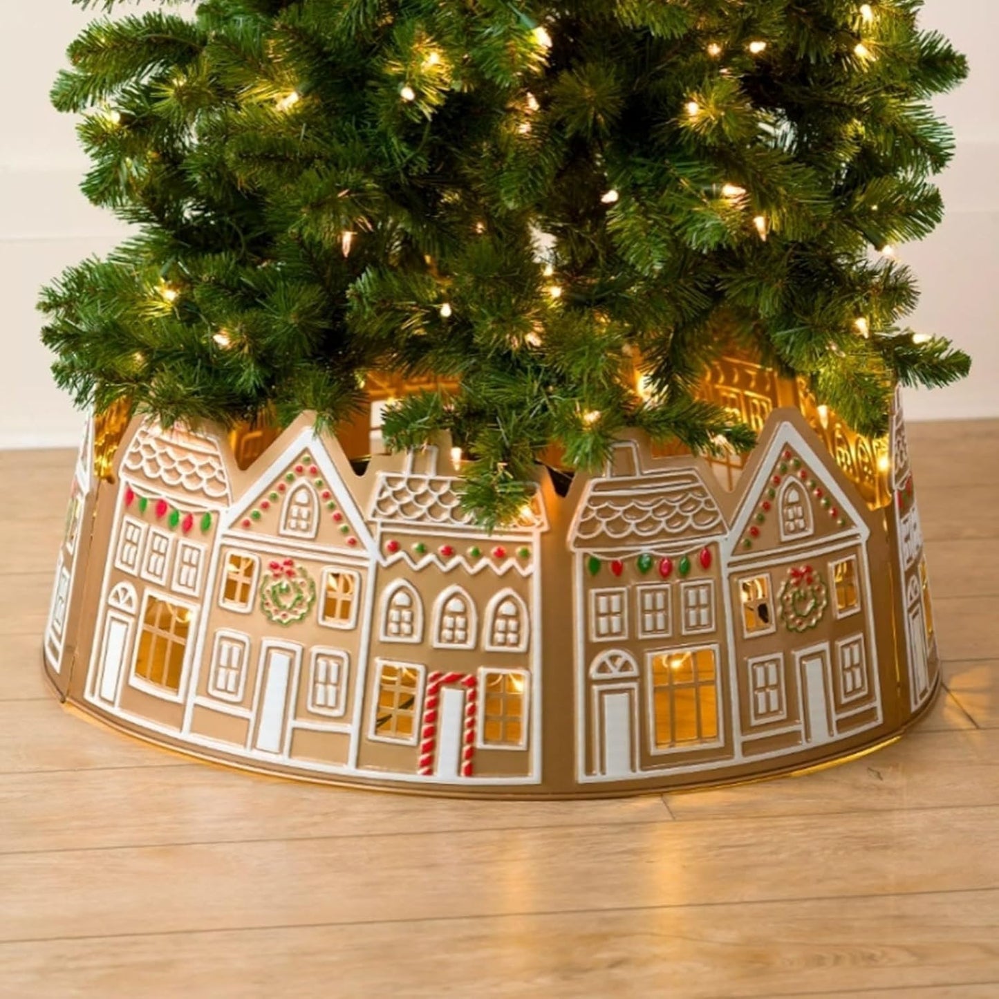 Gingerbread House Christmas Tree Collar - LED Skirt for Xmas Pencil Tree Decorations