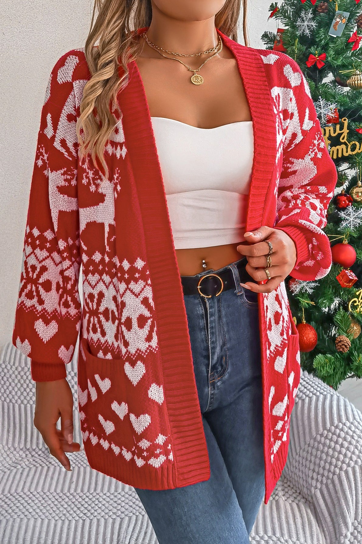 Reindeer Pocket Long Sleeve Christmas Cardigan