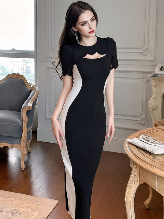 JuliaFashion-Elegant Goddess Style Black White Cutout Dress