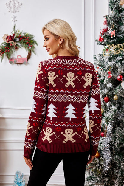 Christmas Cozy Color Block Gingerbread Man Print Sweater