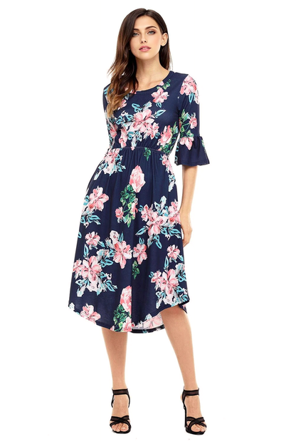 JuliaFashion-Find Me Floral Print Bell Sleeve Midi Dress