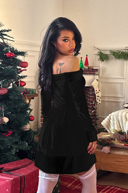 Christmas Off-the-Shoulder Open Back Long Sleeve Glitter Party Dress