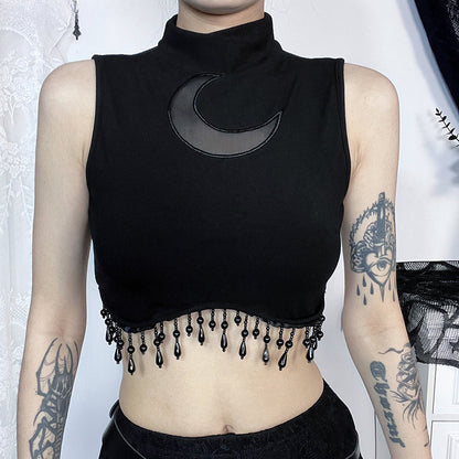 Vintage Sexy Goth Moon Lace See Through Sleeveless Crop Top