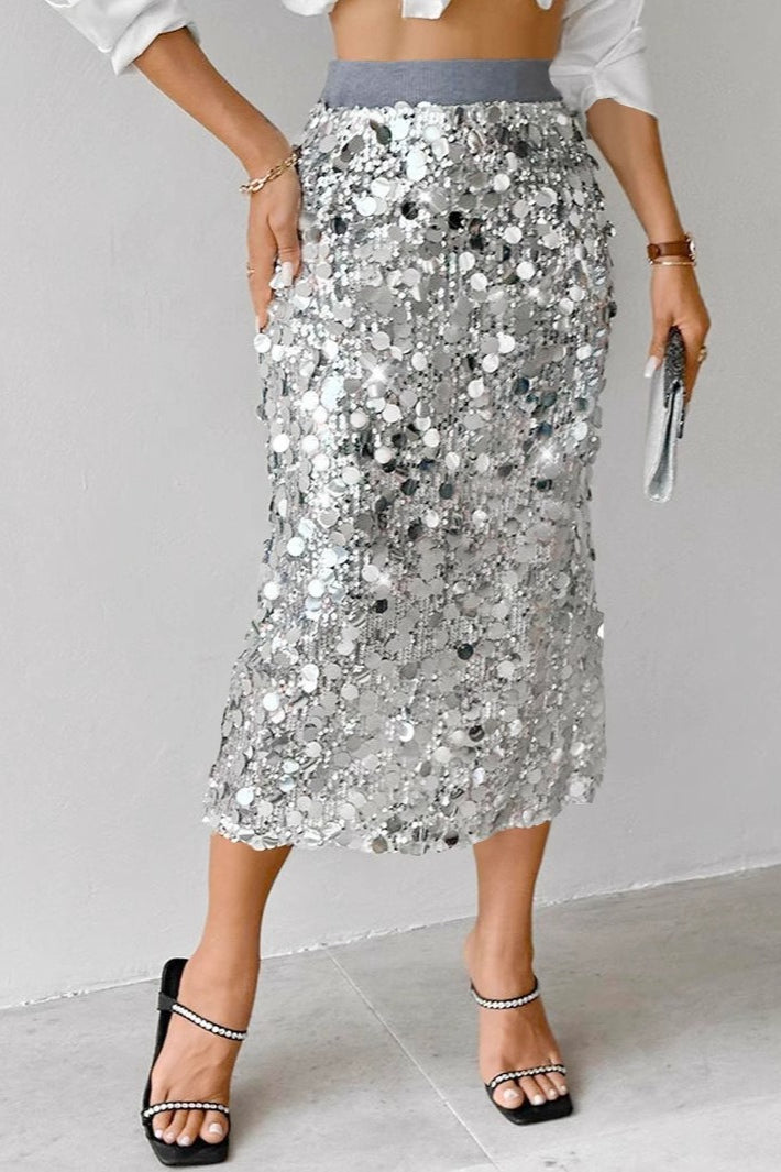 Solid Sequin High Waist Midi Christmas Skirt