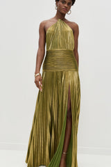 Metallic Pleated Halter Backless Tie Slit Maxi Dress