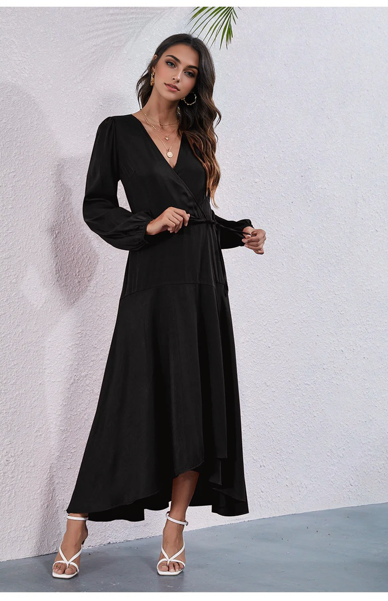 Julia Fashion - Satin V-Neck Tie Long Dress