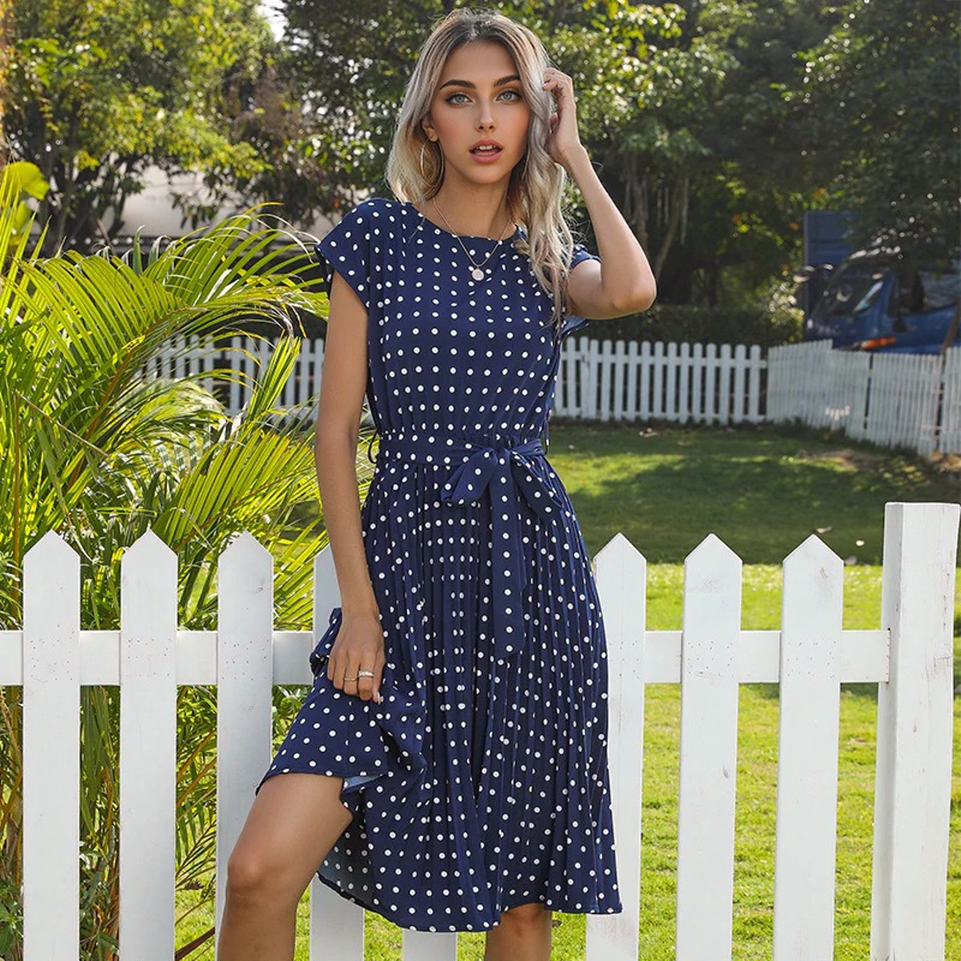 Julia Fashion - New O-Neck Polka Dots Short Sleeve Pleated Dresses