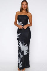 Black Printed Strapless Bodycon Vacation Dress