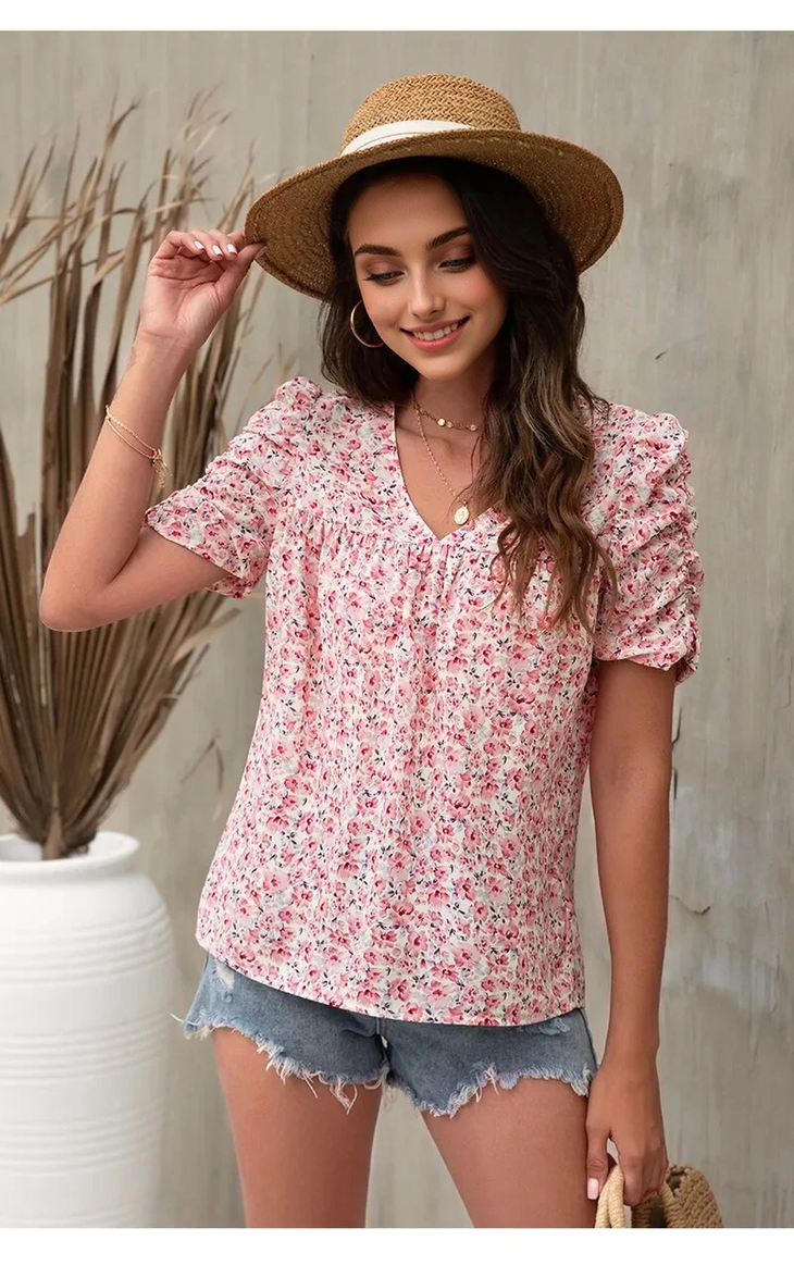 JuliaFashion - 2024 Summer Women's V-neck Bubble Sleeve Print Short Sleeve T Shirt