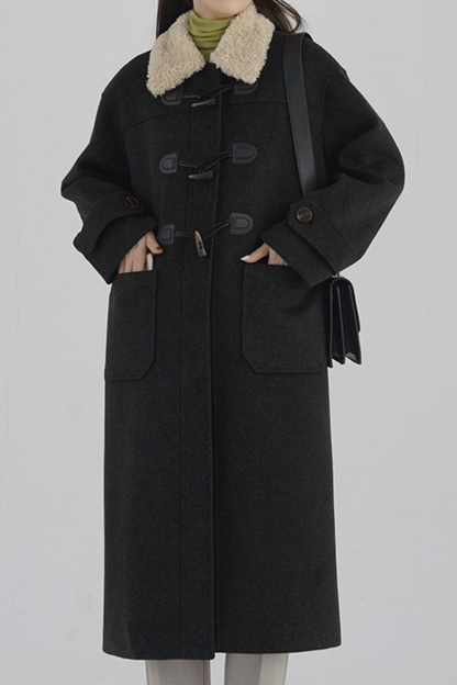 Vintage Horn Button Shearling Collar Red Christmas Outerwear