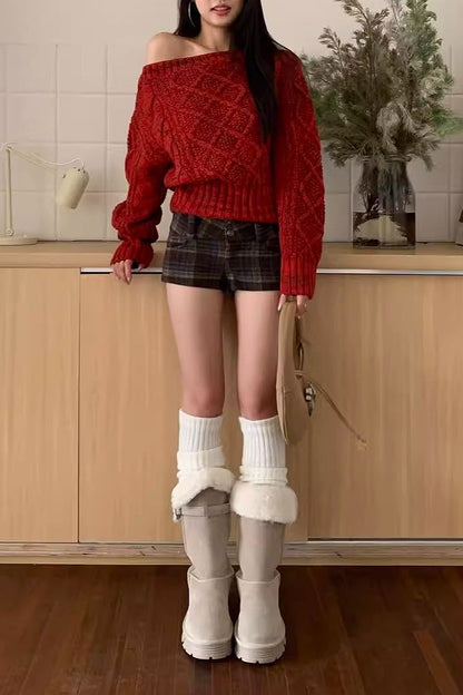 Red Asymmetric Off-Shoulder Thick Cable Waist-Cinched Sweater
