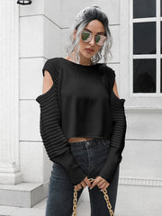 Ribbed Trim Cold-Shoulder Sweater Sweaters-L