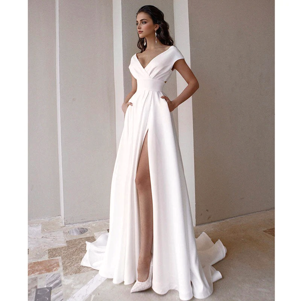 JuliaFashion - 2024 Solid Color Evening V-neck Sexy White Long Dress