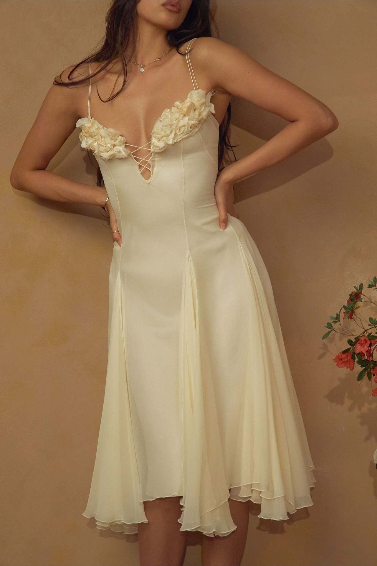 3D Flower Deep V Patchwork Spaghetti Strap Romantic Party Dress