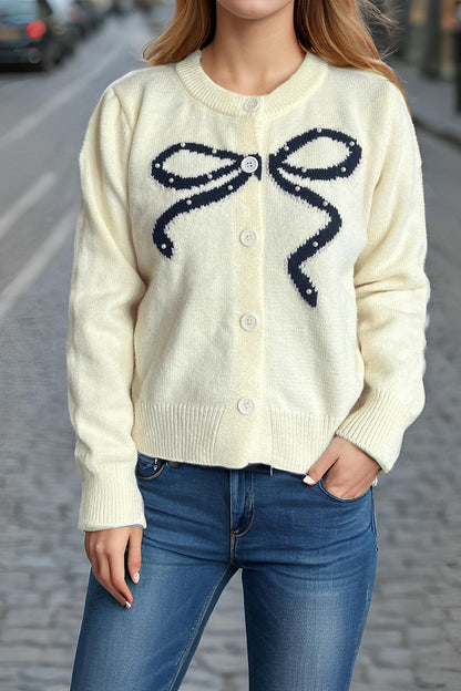Solid Bow Jacquard Round Christmas Cardigan