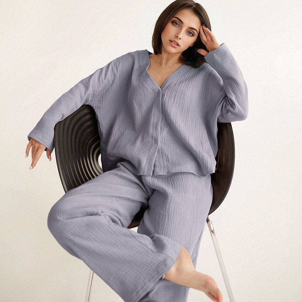 JuliaFashion-Cotton Linen Solid Single Breasted Long Sleeve Pijama Suit