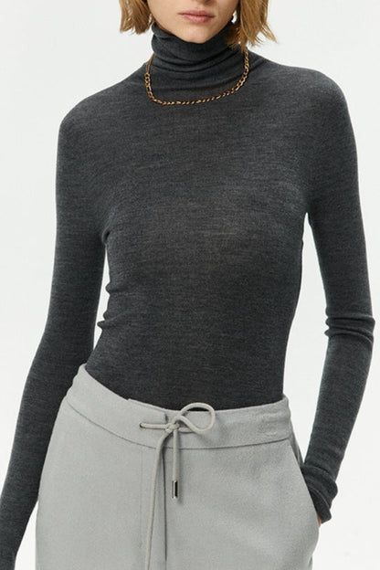 Solid Color Washable Wool Turtleneck Long Sleeve Tee