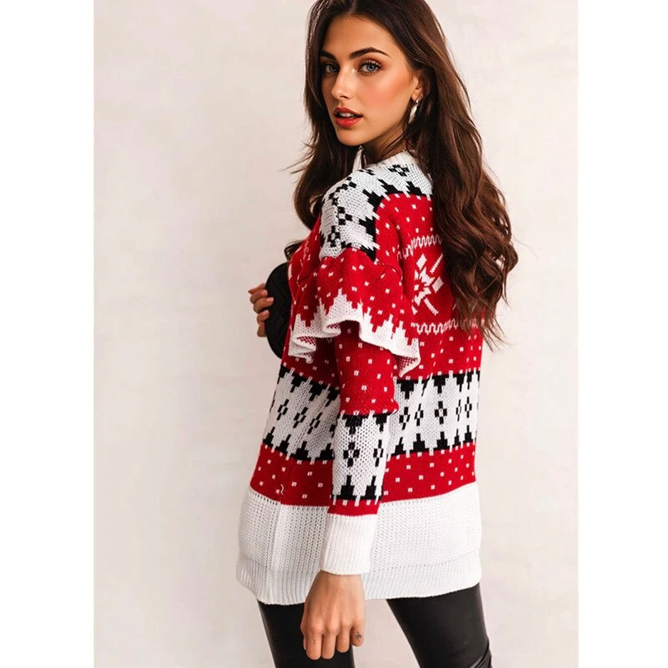 JuliaFashion-Christmas Style Women Loose-neck Petal-sleeve Sweater