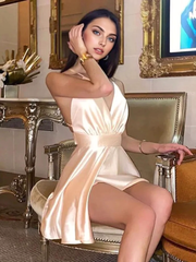 JuliaFashion - 2024 Sexy Backless Satin Spaghetti Strap Mini Dress