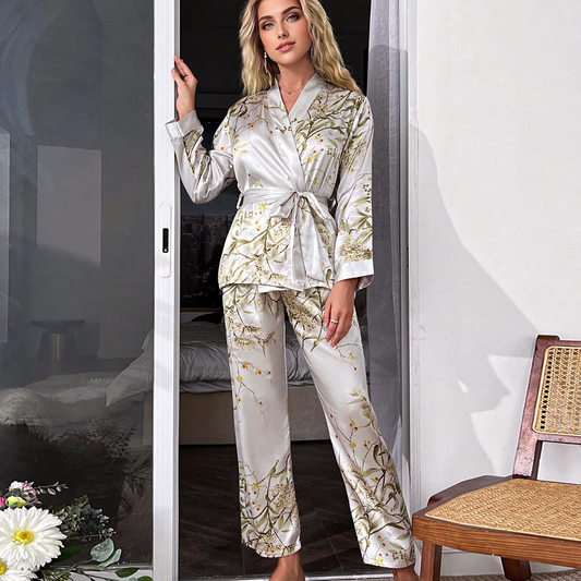 JuliaFashion - 2024 Silk Love Print Long Sleeve Pajama Set