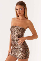 Strapless Leopard Sequin Bodycon Mini Dress