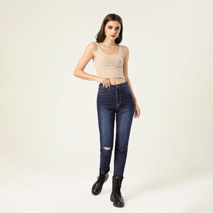 Julia Fashion - High Waist Ripped Roll Hem Skinny Jeans