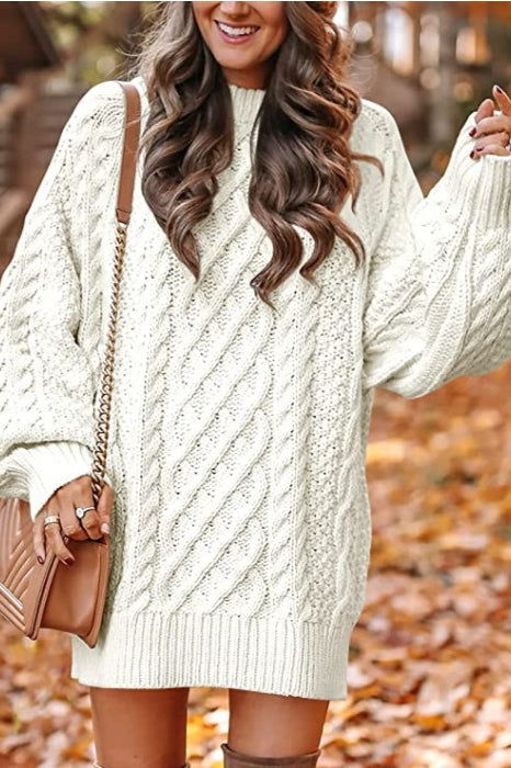 Relaxed Mock Neck Thick Knit Oversized Solid Sweater Dress