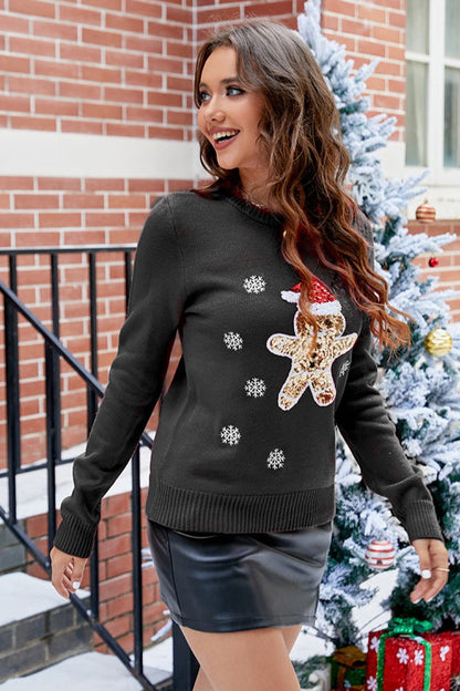 Christmas Cute Sequin  Gingerbread Man  Snowflake Embroidered Sweater