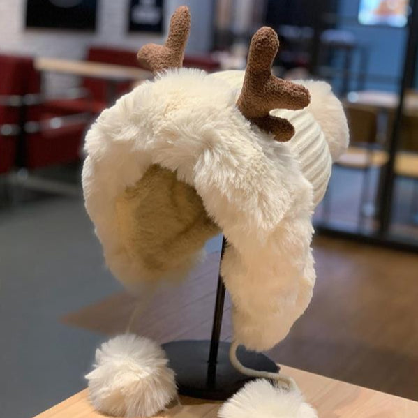 Reindeer Antler Pom Pom Earflap Christmas Hat