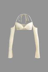 Beige Twist Tie Halter Long Sleeve Bra Top & Maxi Skirt Set