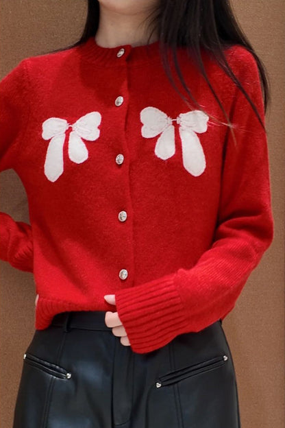 Bow Accent Red Knit Christmas Cardigan
