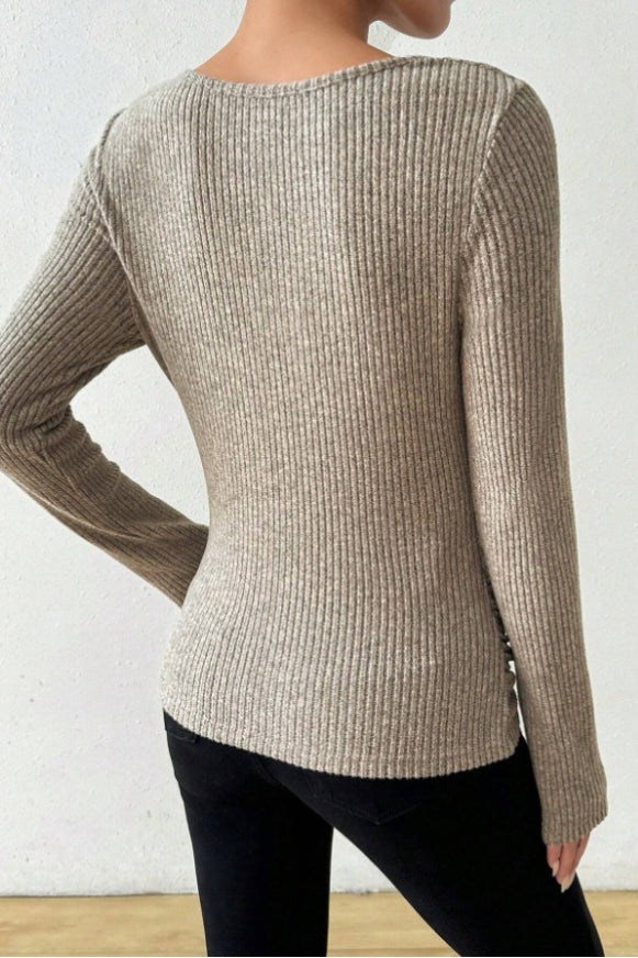 Ruched Cowl Neck Slim Knit Long Sleeve Tee