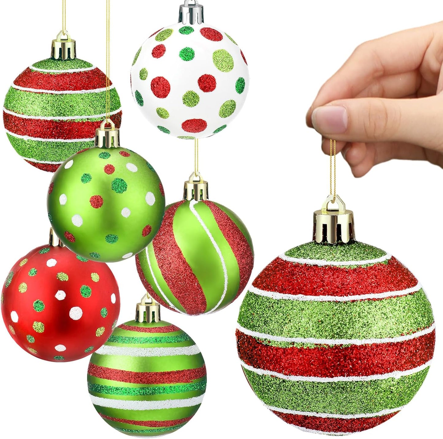 Christmas Tree Ornaments - Glitter Red Green White Hanging Ball Large Plastic Elf Balls Swirl Candy Cane Peppermint Big Pendants Baubles for Holidays Xmas Tree Decoration