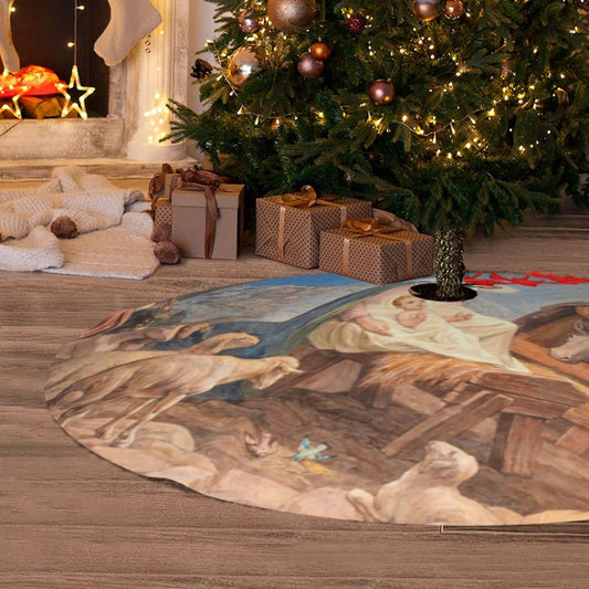 Vintage Retro Christmas Nativity Scene Tree Skirt Carpet Mat for Xmas Halloween Decorations - 36 Inch