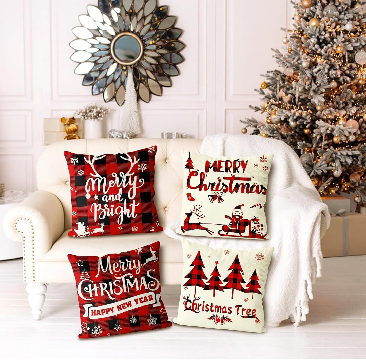 Buffalo Check Plaid Christmas Pillow Covers Set of 4 - Indoor/Outdoor Xmas Throw Pillow Cases