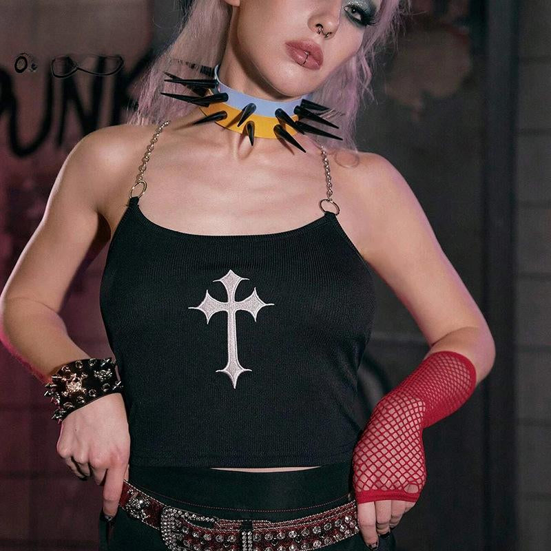 Mysterious Sexy Chain Black Cross Print Black Crop Top