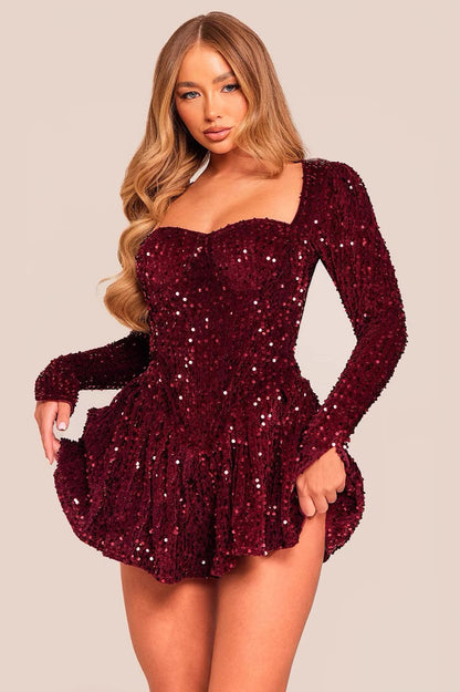 Elegant Long Sleeve Petite Sequined Party Sequin Dress