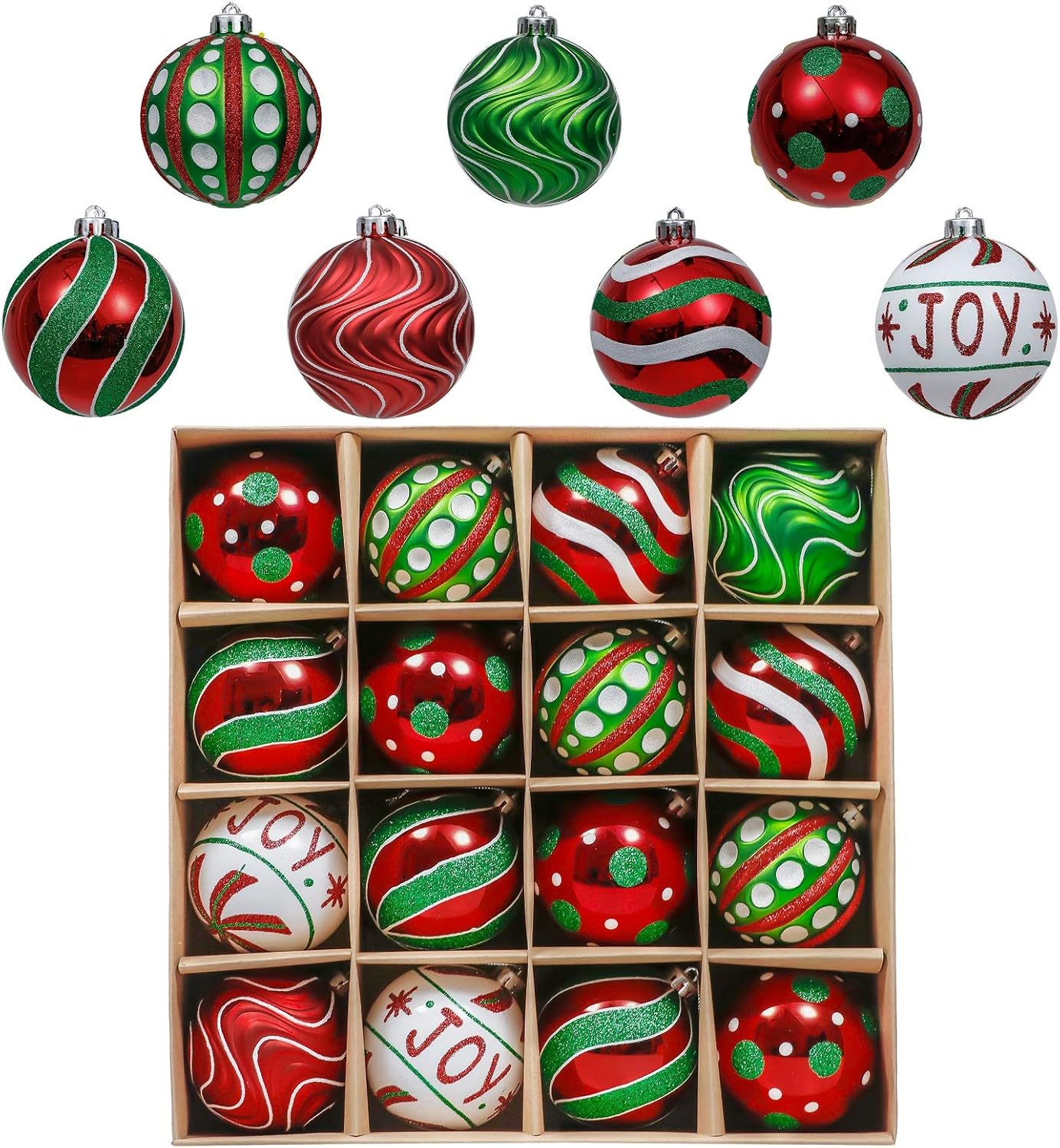 Shatterproof Christmas Ornaments Set - 16ct Red Green White Ball Decorations - 3.15 Inch Hanging Ornaments for Xmas Trees Holiday Party Decor