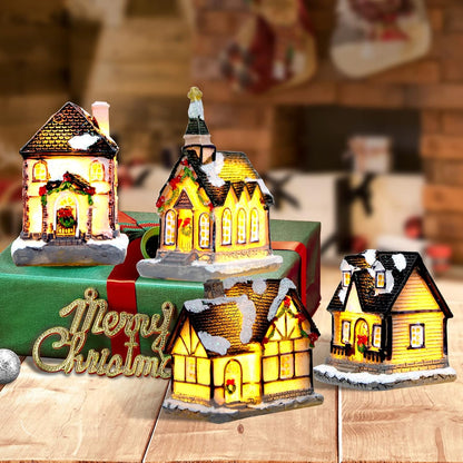 Xmas Lantern Decorative Resin House Figurine Set with LED Light for Kids - Set of 4