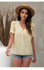 JuliaFashion - Summer Women's V-neck Bubble Sleeve Print Short Sleeve T Shirt