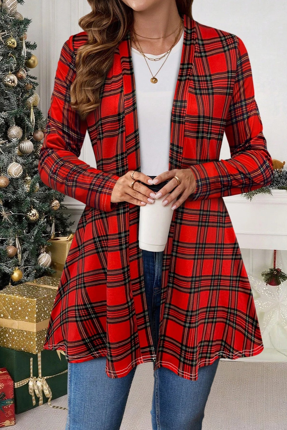 Red Plaid Open Front Christmas Outerwear