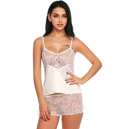 JuliaFashion - 2024 Sheer Lace Satin Nightwear Pajama Two Piece Set