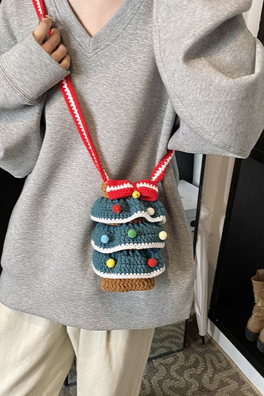 Cute Hand Knitted Yarn Christmas Tree Bauble Crossbody Bag
