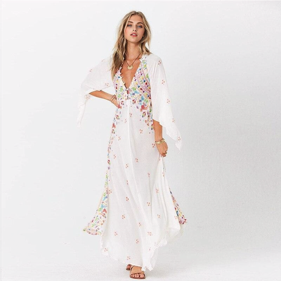 JuliaFashion-Floral Vibes V-Neck Irregular Maxi Dress