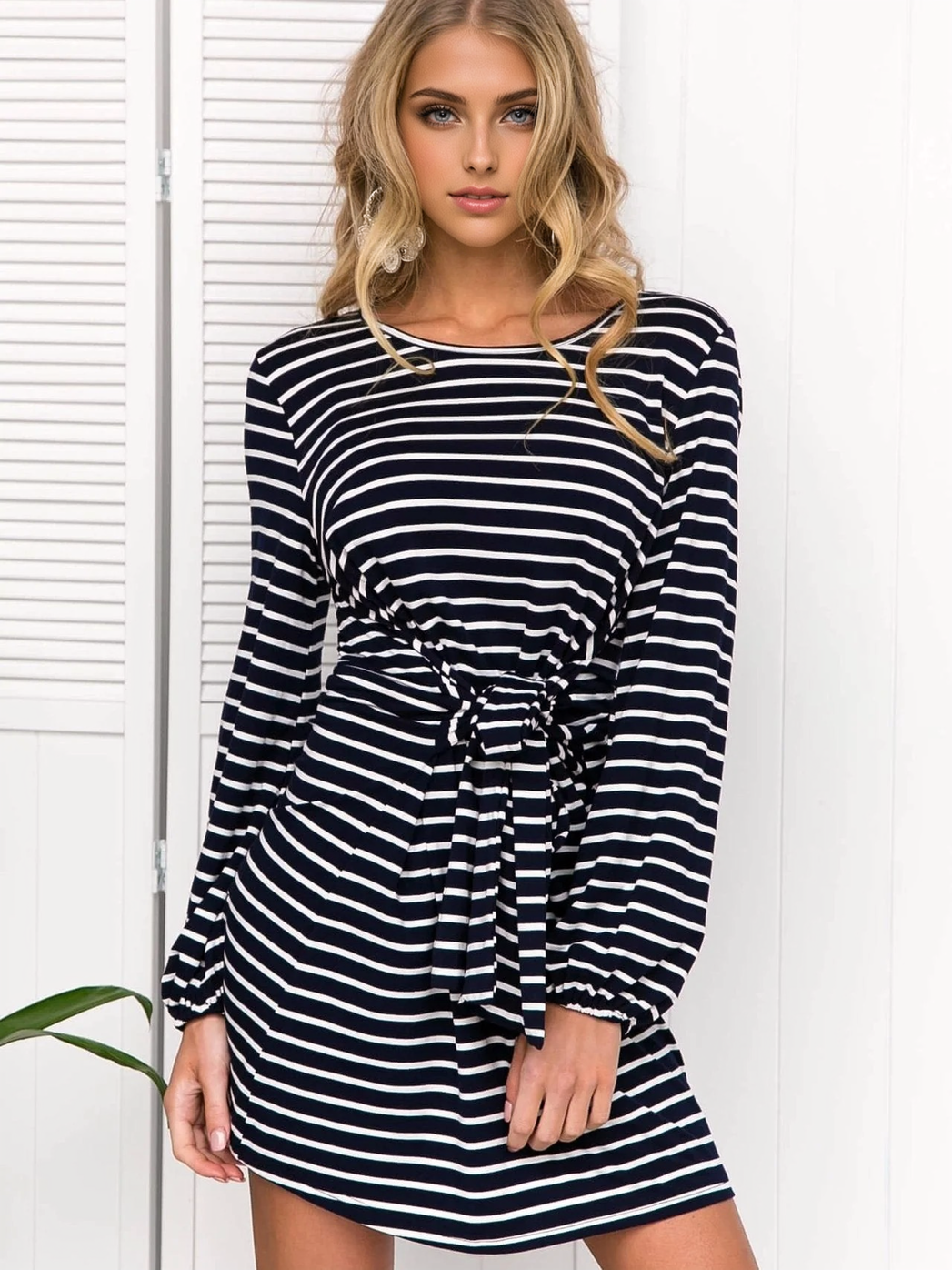 JuliaFashion - 2024 Stripe Boat Neck Slouchy Mini Dress