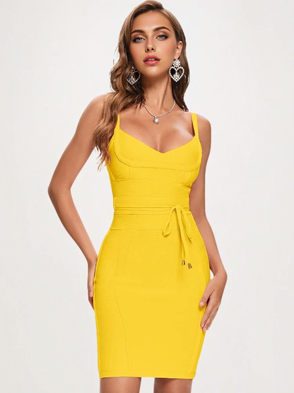 JuliaFashion - 2024 Spaghetti Strap Belt Sashes V-Neck Bodycon Dresses